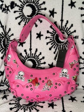 Ed Hardy Hot Pink Studded Graphic Tattoo Hobo Shoulder Bag Y2K McBling